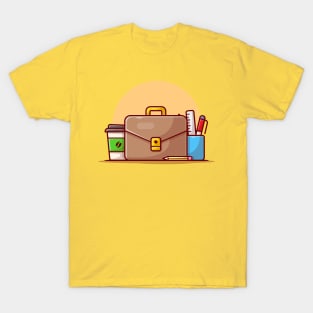 Office Bag with Coffee and Stationery Cartoon Vector Icon Illustration T-Shirt